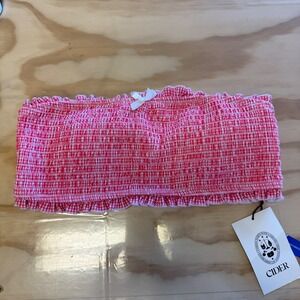 NWT CIDER Red Gingham Smocked Bandeau Swim Bikini Top Ruffle Size L